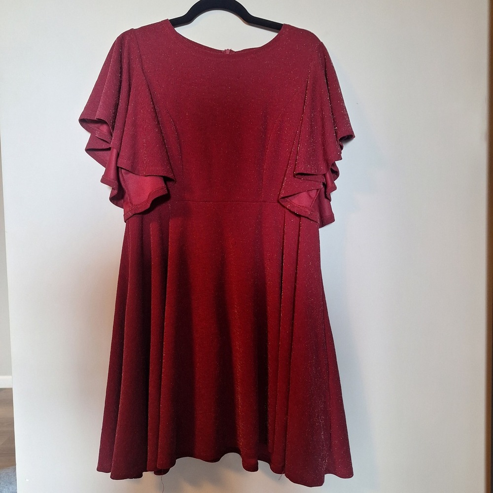Burgundy Glitter Ruffle Short Sleeve Fit and Flare Cocktail Dress Size 2XL